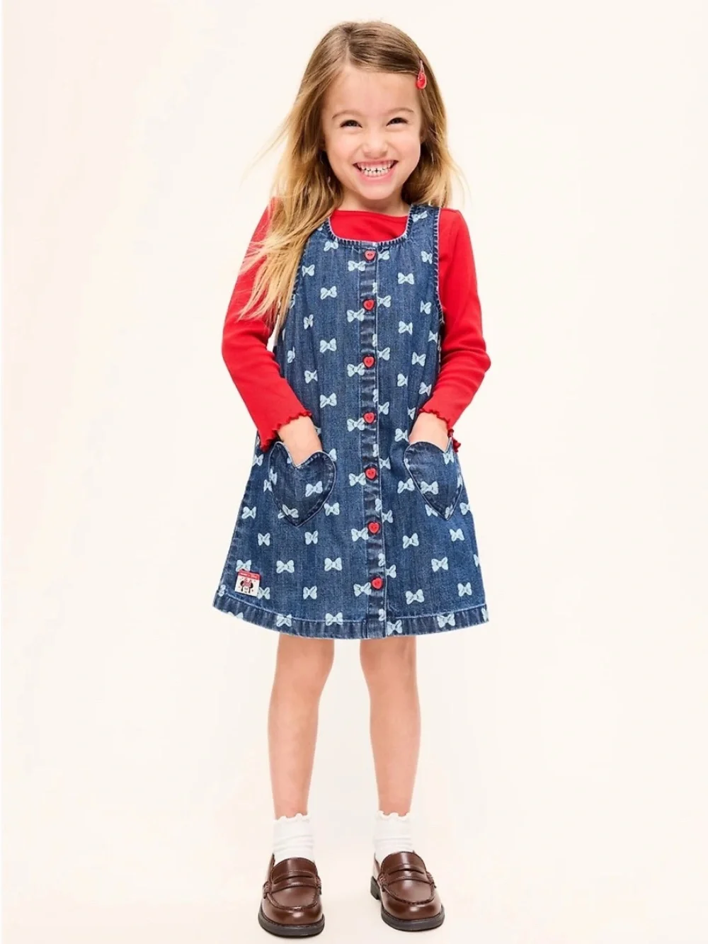 Old Navy x Disney Minnie Mouse Denim Bow Print Dress with Heart Pockets